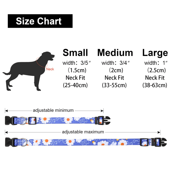 Justerbart hundehalsbånd i nylon med mønstre, mykt og behagelig kjæledyrhalsbånd for små, middels store hunder (S, Daisy)