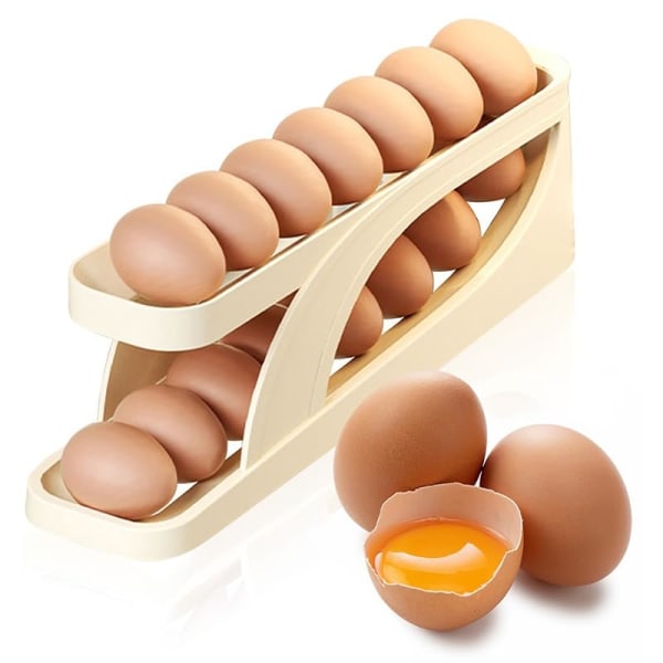 Æggeholder til køleskab, Køleskab til automatisk rullende ægdispenser, 2-lags ægdispenserbeholder, køkkenbordplade ægbeholder til 12-14 æg (1 stk)