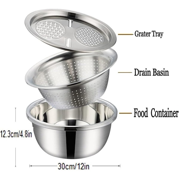 Multifunktionel rustfrit stål rivebassin 3 i 1 si, rive si og afløbskurv salatskål skål…1