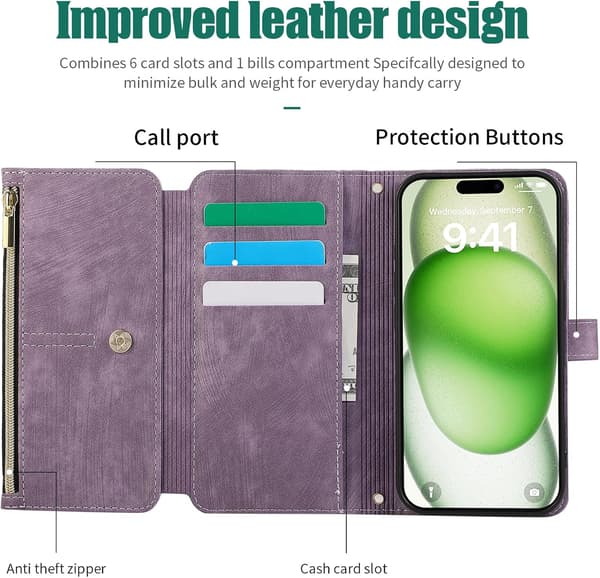 Plånboksfodral för iPhone 16 Pro Max (1-pack) — Foliodesign med handledsrem, 9 kortfack och stativ; magnetisk stängning (Lila) iPhone16 Promax purple
