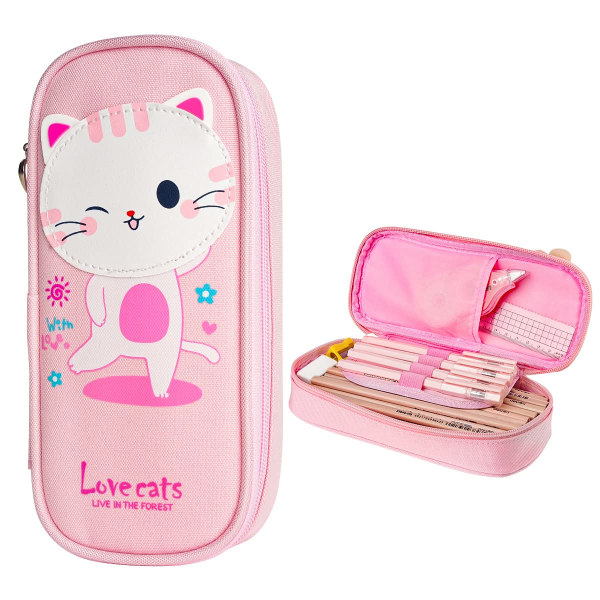 Söt tecknad case för barn, Kawaii pennfodral med stor kapacitet på canvas med dragkedja, stor förvaringspennväska (rosa - kattunge)