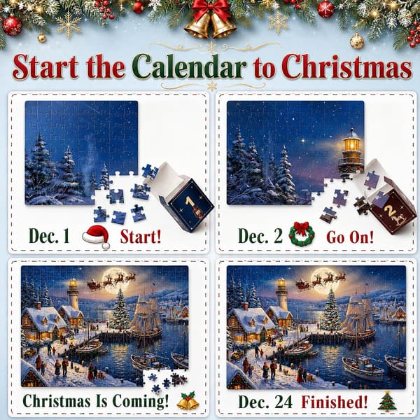 Julekalender 2026 Puslespil til voksne - Julehavn (1008 brikker) Christmas Harbor