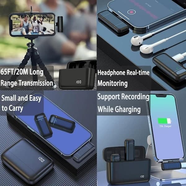 2-pack trådlös lavaliermikrofon med laddningsfodral - 3-i-1 minimikrofon för iPhone/Android, video, vlogg, TikTok, YouTube