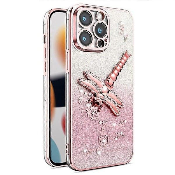 Etui til iPhone 15 Pro Sommerfuglestativ TPU Blomster Glitter Mobiltelefonetui