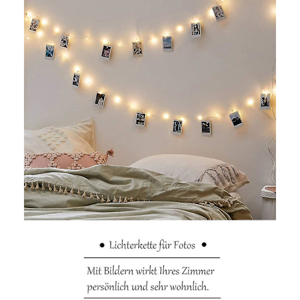 10m 100 LED-lampor med 50 klämmor för foton, varma