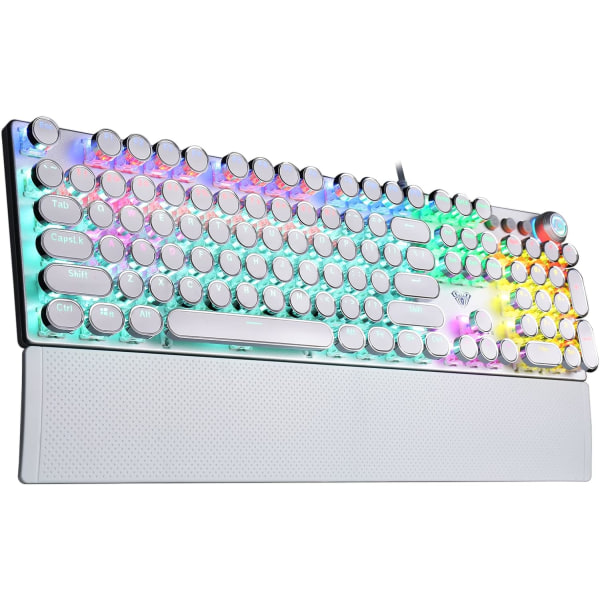 Typewriter Style Mechanical Gaming Keyboard Blue Switch, with Removable Wrist Rest, Media Control Knob, Rainbow Backlit, Retro Punk Round Keycaps
