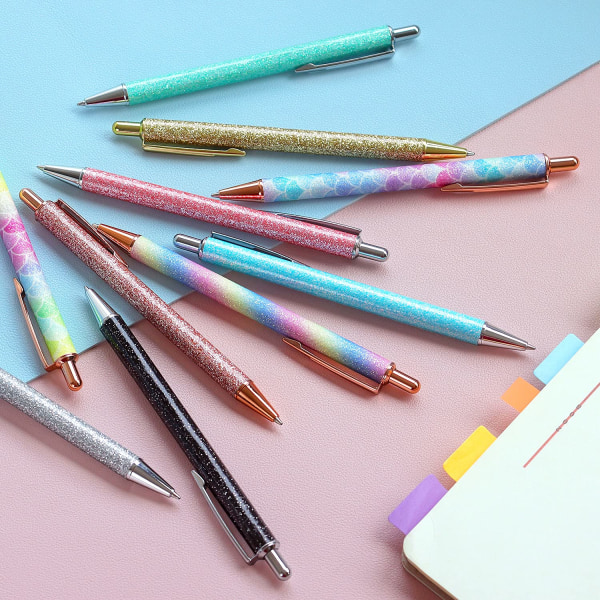 8 ST Kulspetspennor, glitter roséguld klickkulpennor, indragbar metallpenna, svart bläck medelspets 1 mm, presenter och kontorsmaterial