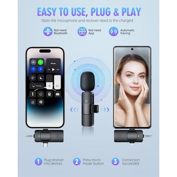 2-i-1 trådløse lavaliermikrofoner for iPhone, Android, kamera, USB-C-mikrofon, minimikrofon med støyreduksjon for videoopptak, vlogging