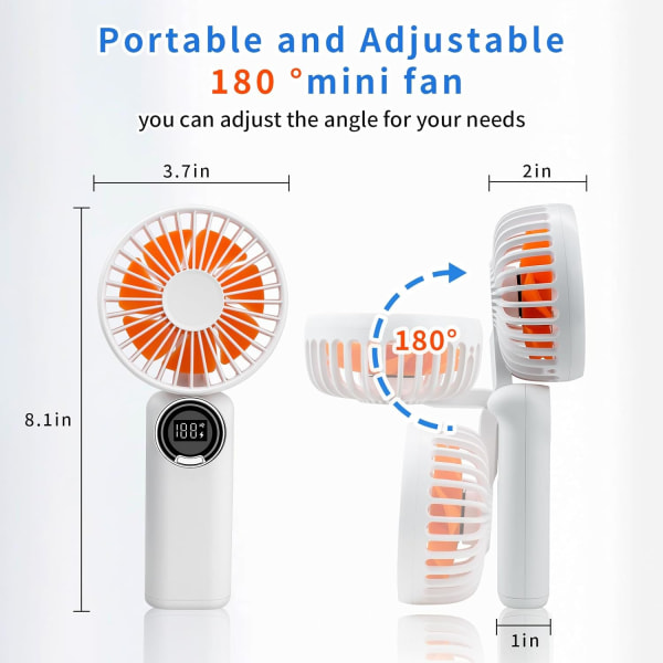 Håndholdt vifte, håndholdt USB-oppladbare vifter med 6 hastigheter Batteridrevet minivifte Digitalt display Justerbare skrivebordsvifter for reisekjøkken white