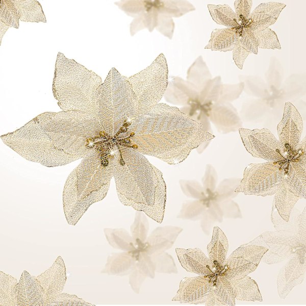 24 stycken julglitter-julstjärnor Bröllop Konstgjorda blommor Juldekorationer Ornament för julgran Nyår (10 cm) gold