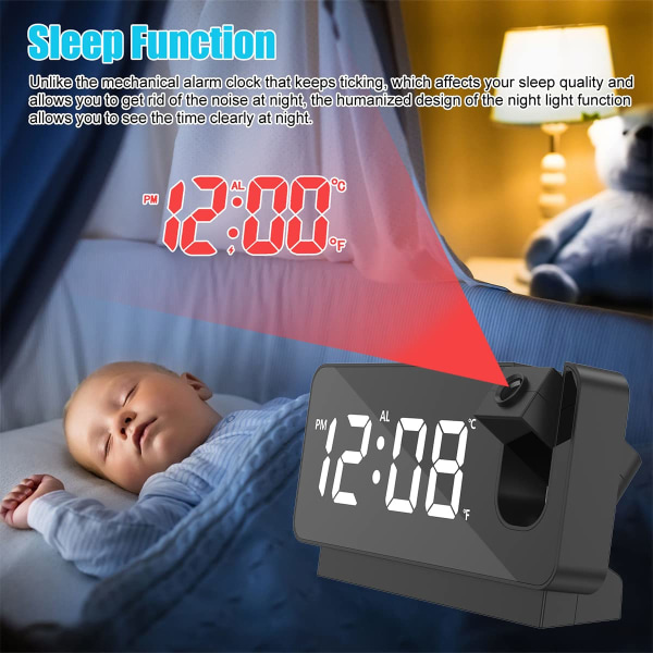 Projektionsväckarklocka, väckarklockor vid sängkanten i sovrummet med 180° projektor, digital LED-väckarklocka, USB laddning (svart)