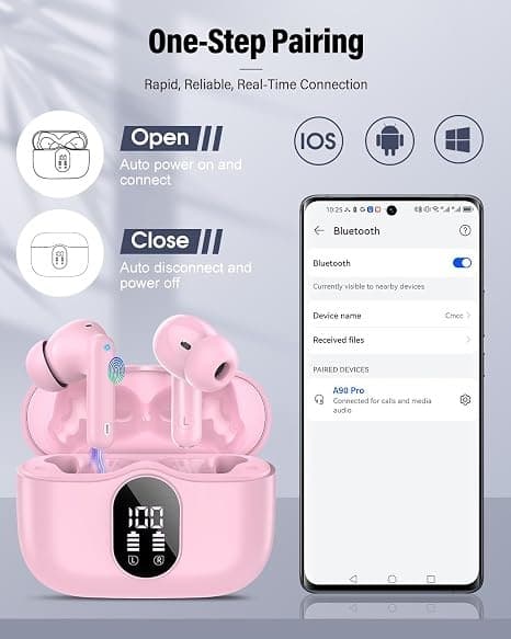 Trådløse hovedtelefoner Bluetooth 5.4 med LED-display, støjreducerende mikrofon, HiFi Stereo In-Ear hovedtelefoner, IP7 vandtæt til iPhone Android Pink