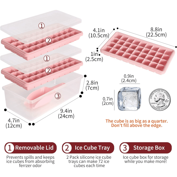 Madkvalitet silikone isterningbakke med låg og opbevaringsbeholder til fryser, nem udløsning 2*36 små isterningbakke med spildsikkert låg og spand pink