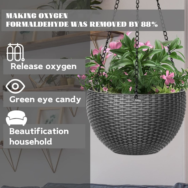 1 stk. hængende blomsterpotte i plast, hængende kurve, hængende plantepotter med kæde, drænhul til indendørs og udendørs planter, blomster, grå