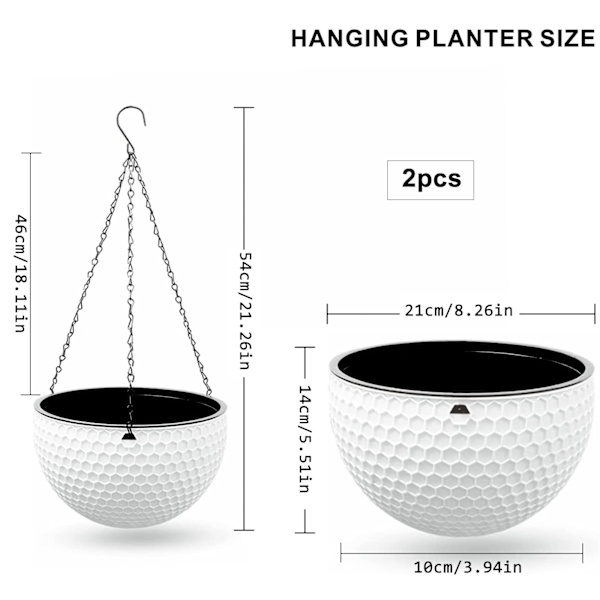 2 stk. udendørs hængende plantepotte, plastik hængende plantepotte med drænhul og rustfrit stålkæder til indendørs udendørs altan dekoration, 21cm