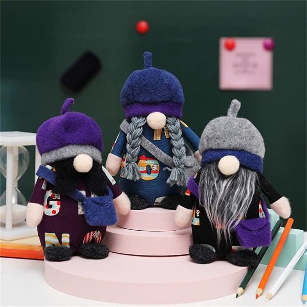 School Gnome Plys, Back-to-School sæsongave, Homecoming Festival dekorationer til hjemmeskole, håndlavet (blå taske)