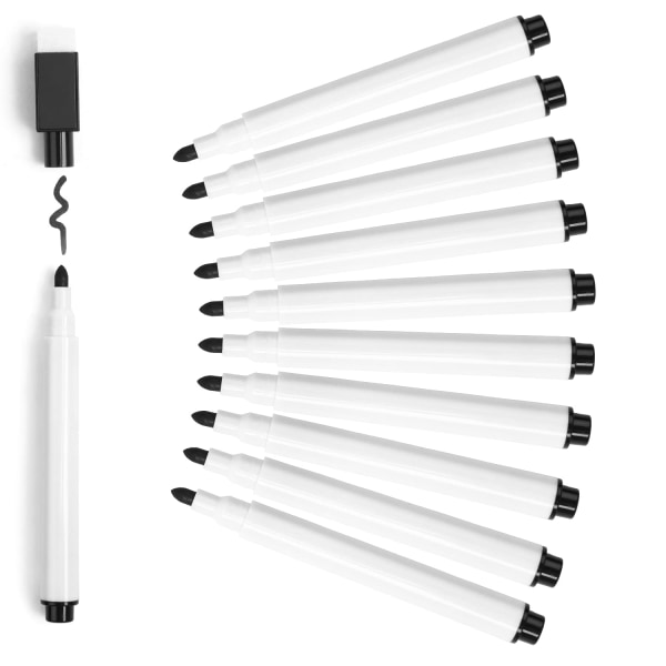 Små whiteboard-pennor, 10 st svarta whiteboard-markörpennor med torra spetsar med radergummi Whiteboard-penna med fin spets