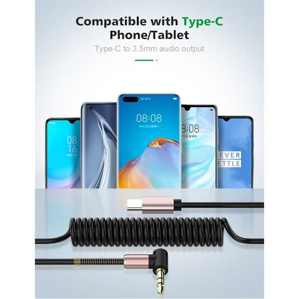 1m strekkbar 3,5 mm AUX USB-C lydkabel hodetelefonkabel Type-C svart