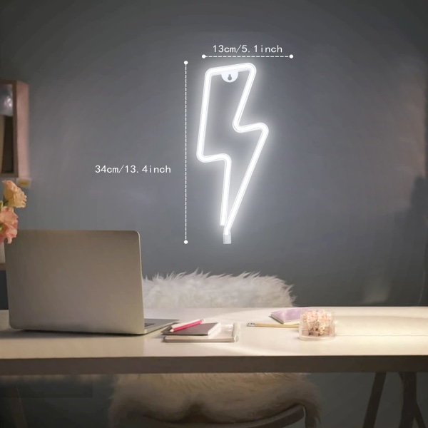 Neonskylt Lightning Bolt Neonljusskylt för väggdekoration, batteri eller USB -driven led blixtljus kallvita neonskyltar
