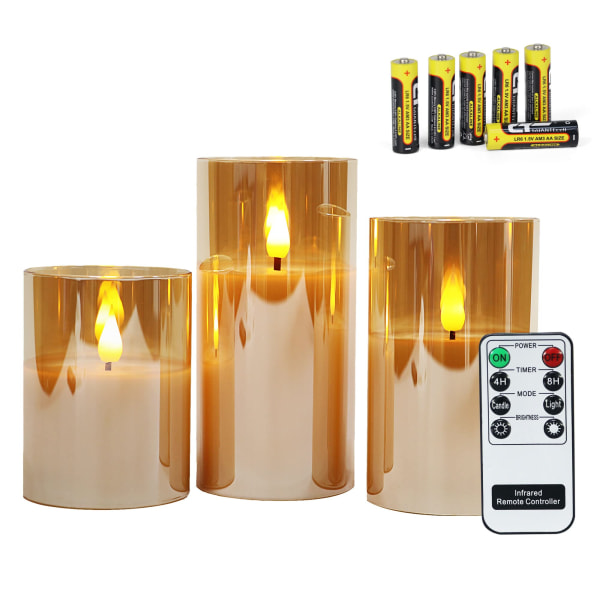 Guld flammefri stearinlys i glas, 3 glas lanterner med fjernbetjening og timerfunktion, varmt hvidt lys med batterier inkluderet