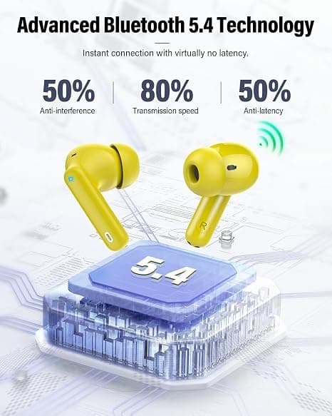 Trådløse hovedtelefoner Bluetooth 5.4 med LED-display, støjreducerende mikrofon, HiFi Stereo In-Ear hovedtelefoner, IP7 vandtæt til iPhone Android Yellow