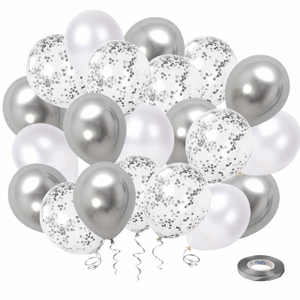 Hvid sølv konfetti latexballoner, 50 pakke 12 tommer sølv metallisk krom festballonsæt med sølvbånd til bryllupsfødselsdag babypynt