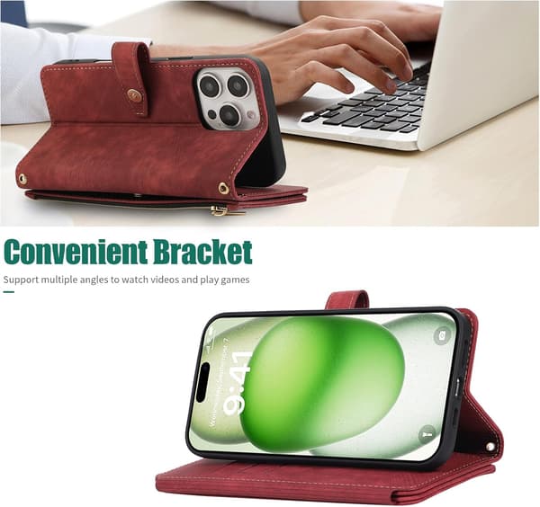 Plånboksfodral för iPhone 16 Pro (1-pack) — Foliodesign med handledsrem, 9 kortfack och stativ; magnetisk stängning (röd) iPhone16 Pro red