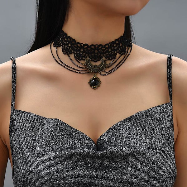 Halskjede for kvinner, svart blonderhalskjede justerbart mote dusk hul krage choker halskjede