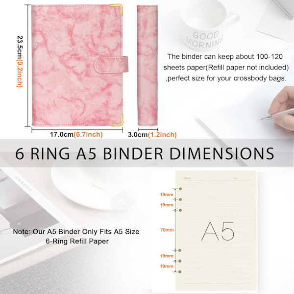 Läder A6-pärm 6 runda ringpärmar Planner Notebook Cover för A5-fyllpapper (inre papper ingår ej) Marmorrosa
