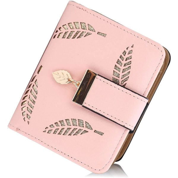 Dam plånbok, dam liten bifold läder plånböcker handväska med kontanter/ID/kreditkortshållare ihålig blad, dam vegan mynt plånböcker plånbok pengar väskor pink