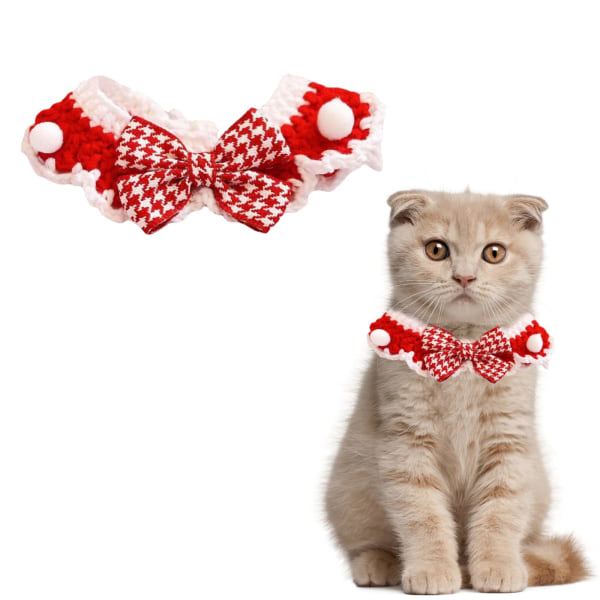 Handstickat djurhalsband, 1 st Kattvalp Julkrage i ullstil med rutig fluga Justerbar krage för katt och valp, röd och vit