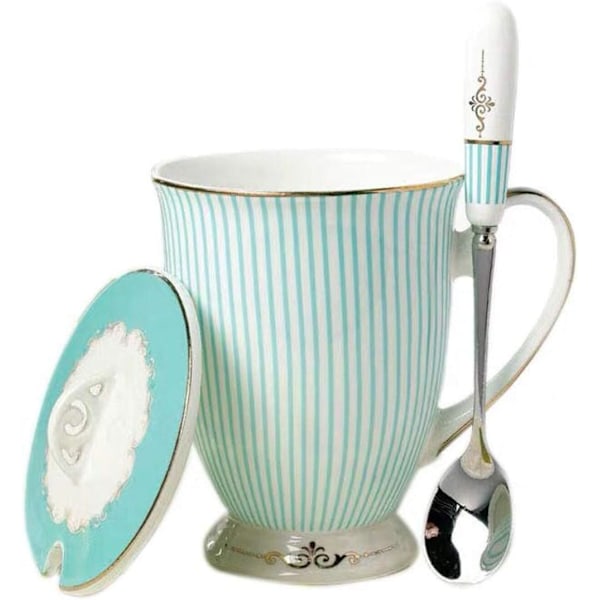 Tech Euro Style Porcelæn Te Kop Kaffe Krus med Låg til Morgenmad Hjem Køkken ((Stribet Mønster) (Cyan)) C