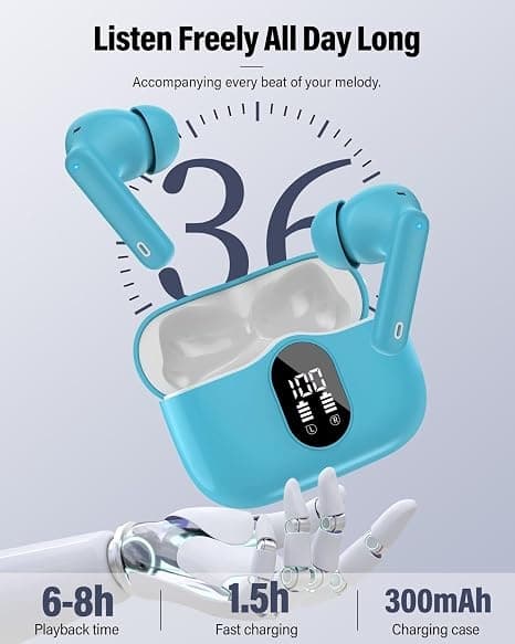 Trådløse hovedtelefoner Bluetooth 5.4 med LED-display, støjreducerende mikrofon, HiFi Stereo In-Ear hovedtelefoner, IP7 vandtæt til iPhone Android Ice blue