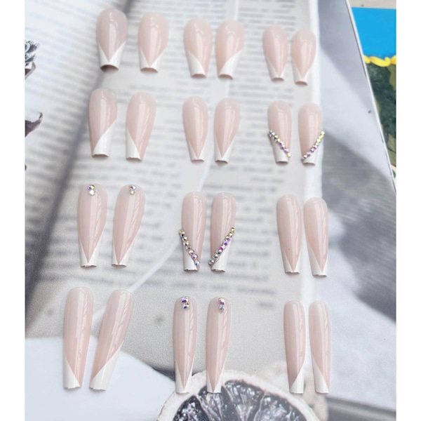 24 PCS Lange Kiste Falske Negl Glans Akryl Falske Negl Kunstige Krystall Trykk på Negl Ballerina Negl for Kvinner Jenter