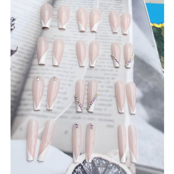 24 st långa kistformade falska naglar blanka akryl falska naglar konstgjorda kristalltryck på naglar balettnaglar för kvinnor flickor