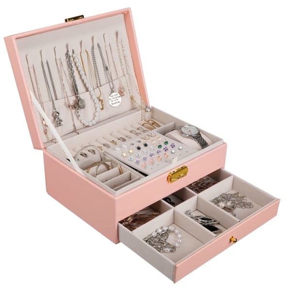Case, 2-vånings smyckeförvaring Smyckeskrin Resor PU-läder, smyckesarrangörer kvinnor tjejer för ringar, örhängen med lås och nyckel, rosa