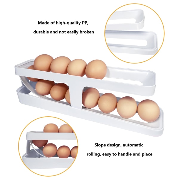 Rullautuva munatarjotin munapidike 2-kerroksinen rullaava muna-annostelija automaattisesti rullaava muna-säilytysastia keittiön jääkaapin työtasolle (valkoinen)
