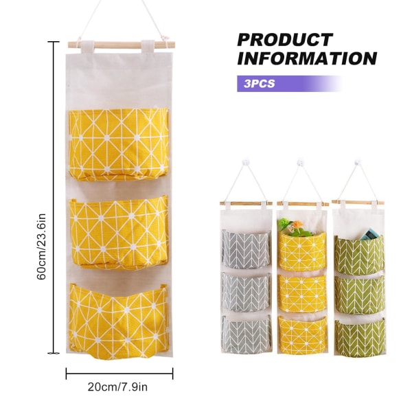 3 PCS Wall Hanging Storage Bag with 3 Pockets, Waterproof Linen Fabric Wall-mounted Storage Organizer, Over the Door Closet Hanging Pocket