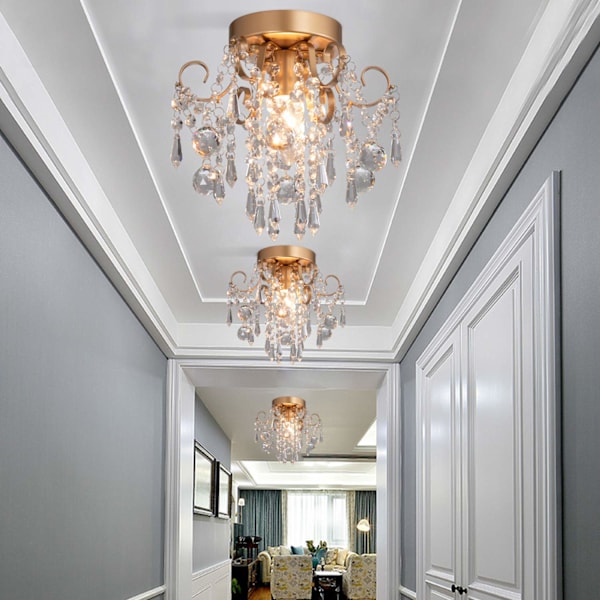 Mini Lysekrone Krystal Loftlampe Lille Guld Fladmonteret Lys til Indgang Soveværelse Badeværelse Gang Skab E12