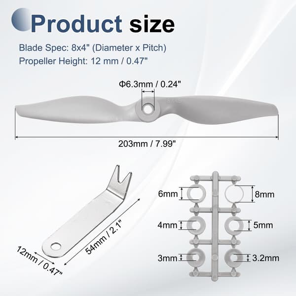 MECCANIXITY 8x4 tommer RC-propeller, 2-bladet propellerudskiftning grå højhastighedspropeller med adapterringe og propellernøgle til RC-fly 2 8" x 4" 2