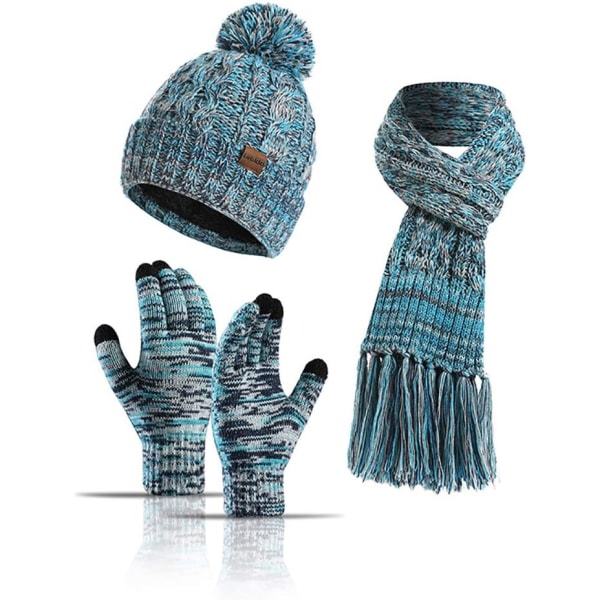 3st Vinter Varm mössa Scarf Handskar Set för Kvinnor Män Stickade Fleece Touchscreen Handskar Beanie Hat Ski Cap