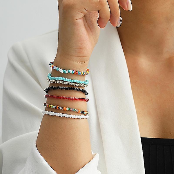 7 stk fargerike små perler bohemia bangle elastisk armbånd sett smykker tilbehør