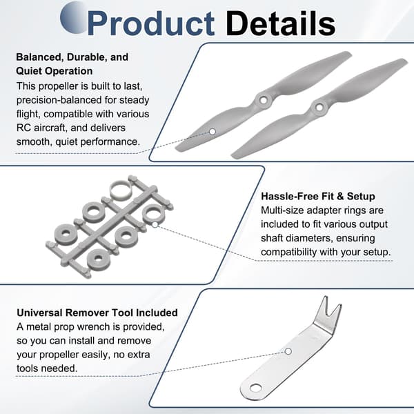 MECCANIXITY 9x4,5 tommer RC-propeller, 2-blads propeller grå høyhastighetspropell med adapterringer og propellnøkkel for RC-fly 9" x 4.5" 4
