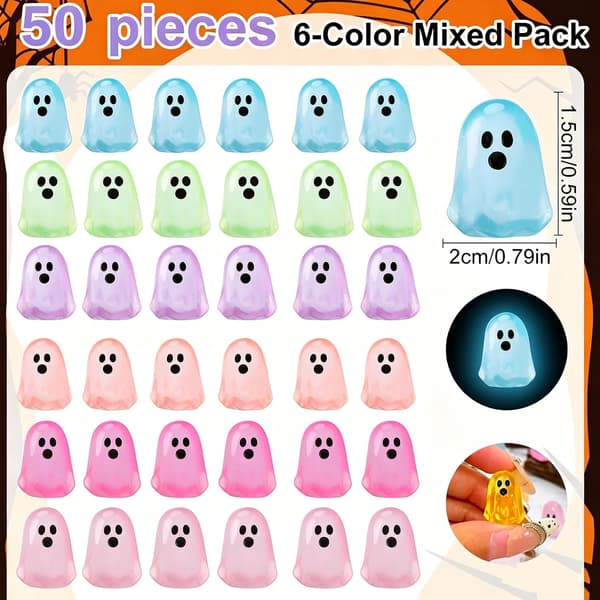 50 Mini Halloween Spøgelsesdekorationer – Sjove Selvlysende Bordpynt (Assorterede Farver, Tilfældigt Afsendt)