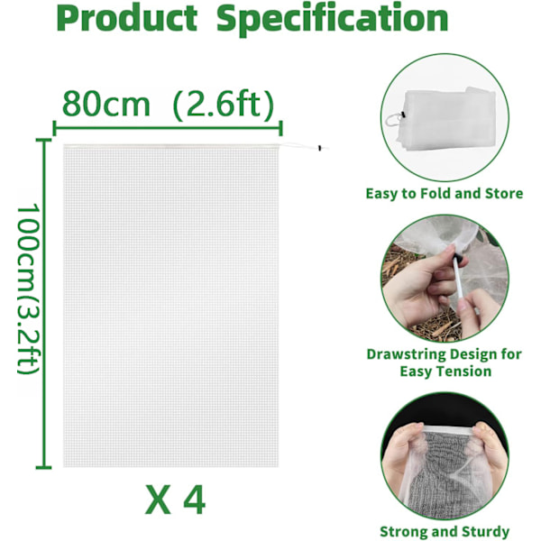 Frukttrær netting fuglebeskyttelse med snøring, 4 pakke plante netting tomat blåbær busker deksel mesh hage plante netting barriere deksel poser 80×100cm
