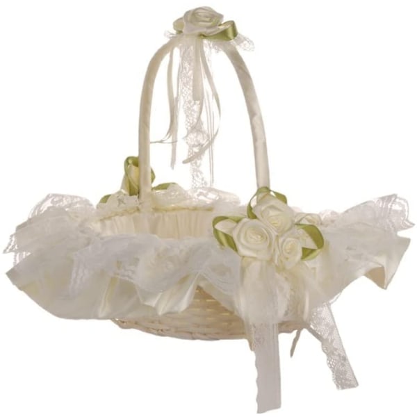 Blomsterpigekurv med foldbart håndtag, elfenbenssatin brudekurve til bryllupsbladkonfetti, dekoreret med blonder og krystalvedhæng