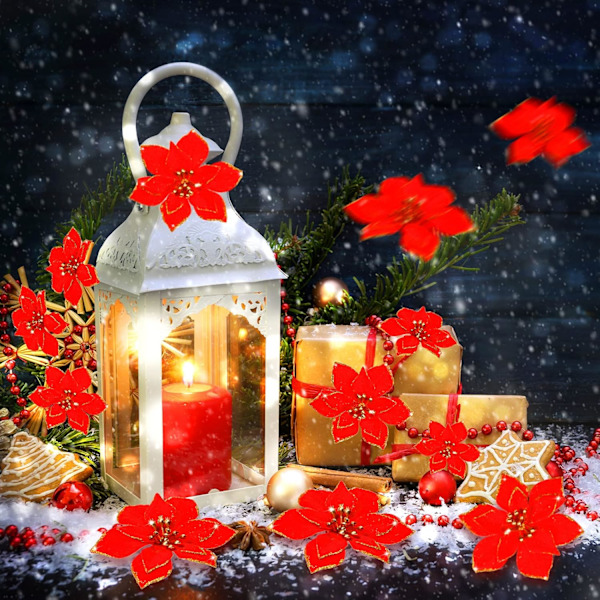 24 stycken julglitter-julstjärnor Bröllop Konstgjorda blommor Juldekorationer Ornament för julgran Nyår (10 cm) red