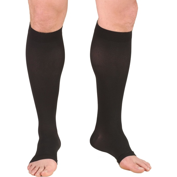 30-40 mmHg kompresjonsstrømper for menn og kvinner, knehøyde, åpen tå, svart, 2X-stor