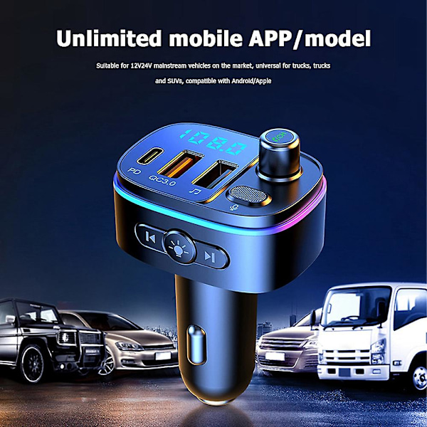 Universell 7-färgad LED-bil Bluetooth 5.0 FM-sändare Bil MP3-spelare Dubbel USB-billaddare
