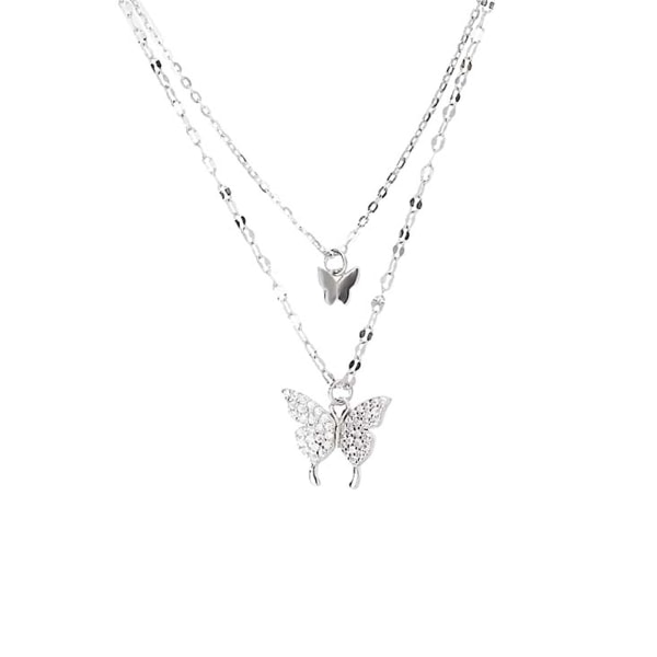 Silver halsband glänsande fjäril tofs kvinnliga dubbla lager hänge